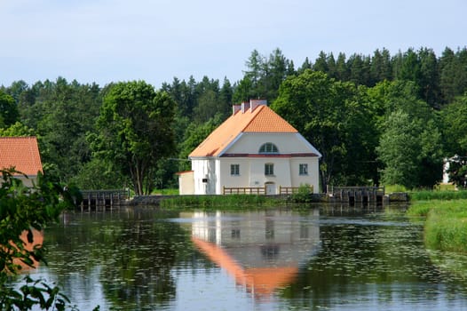 The house and pond on a background of the sky and trees