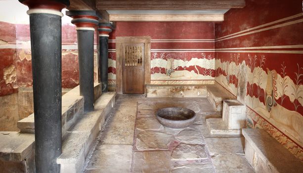 Inside view of Throne Hall in Minoan age Knossos palace Crete Greece