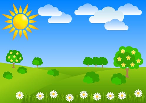 Landscape Flower Fields flooded sun vector illustration