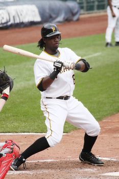 PITTSBURGH - SEPTEMBER 24 : Lastings Miledge of the Pittsburgh Pirates looks at a pitch against Cincinnati Reds on September 24, 2009 in Pittsburgh, PA.
