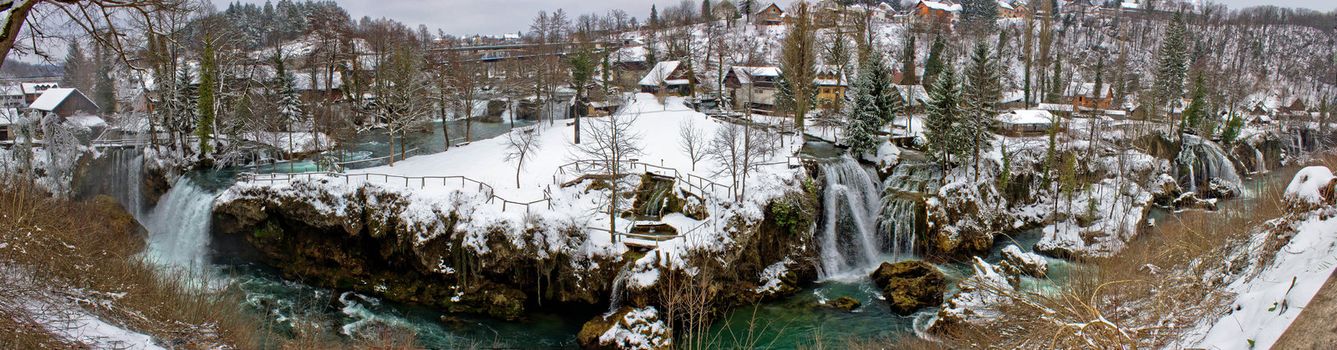 Rastoke waterfalls beautifull winter panorama, Croatia