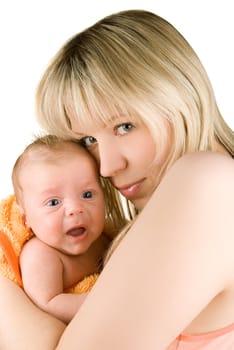 portrait of happy mother with baby boy isolated on white