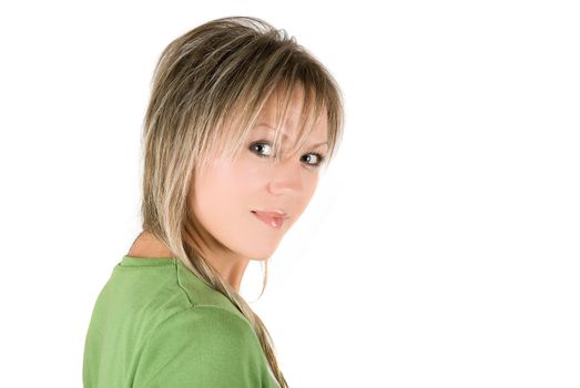 Pretty blond young woman isolated on a white background