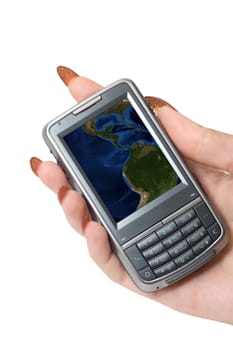 Female hand hold communicator with hearts at screen.