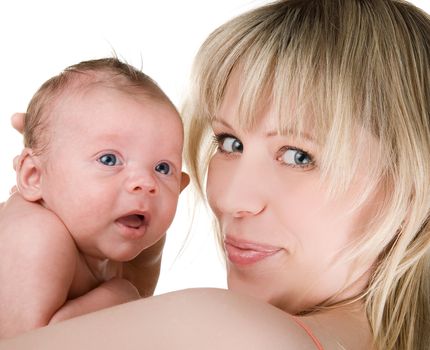 happy mother with baby boy isolated on a white