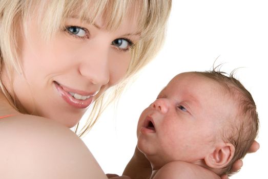 happy mother with baby boy isolated on a white