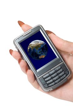 Female hand hold communicator with planet earth at screen.