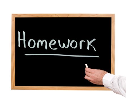 Homework is written in chalk on a chalkboard.