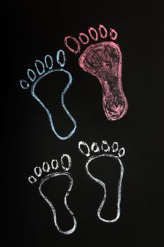 Footprints symbol drawn with chalk on a blackboard background