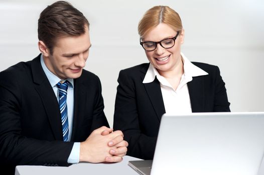 Colleagues working together on laptop isolated against gray background