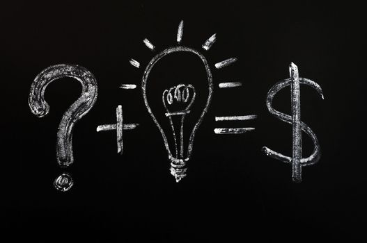 Conceptual idea of light bulb and question mark and dollar sign drawn on black chalkboard 