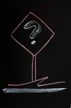 Question mark sign drawn with red chalk on a blackboard background