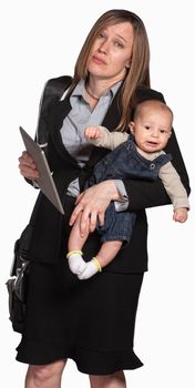 Tired businesswoman with baby over white background