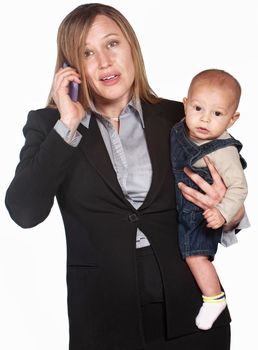 Pretty businesswoman with baby over white background