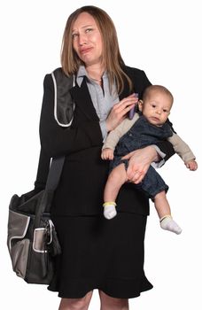 Weeping female executive with baby over white background