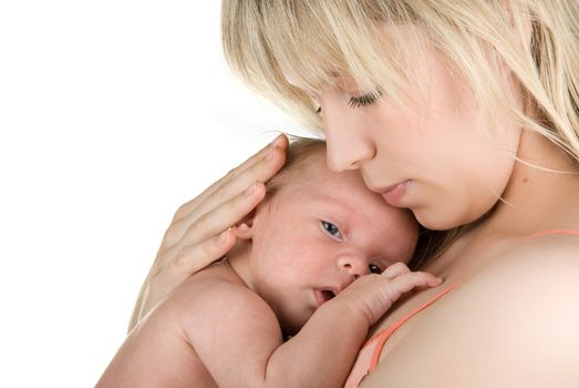 happy mother with her  baby boy isolated on a white