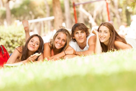 Friends on healthy fruit picnic at sunny day