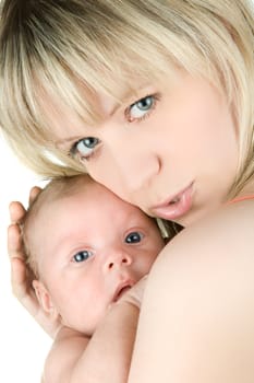 Happy maternity: mother with her  baby boy isolated on a white