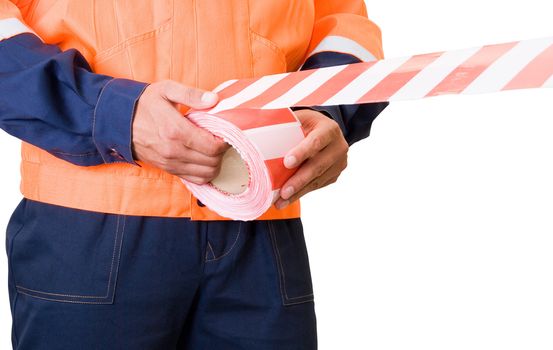 Worker stretch warning tape isolated on white