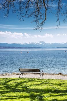 Portrait format image of Lake Starnberg with Bench and tree overlooking the Alps in sunny weather and blue sky