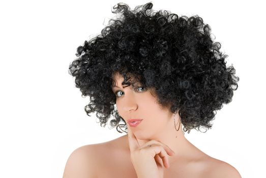 Beautiful young frizzy woman isolated over white background
