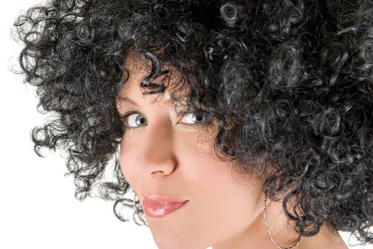 Beautiful young frizzy woman isolated over white background
