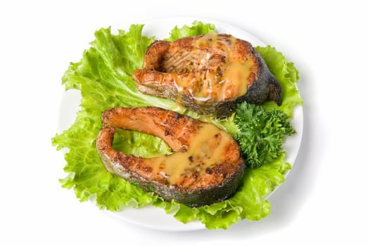 Tasty hunchback salmon fish dish isolated on a white background