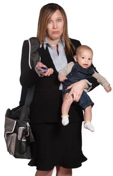 Confused business lady with phone and baby over white