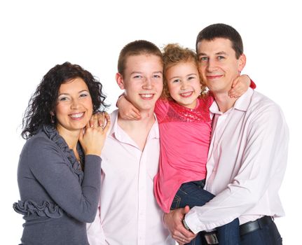 Portrait of happy Caucasian family smiling together on white background