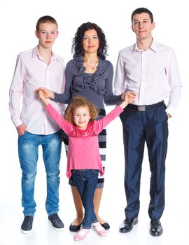 Happy Caucasian family smiling together on white background