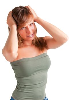 Woman suffering from an headache, holding her hands to the head