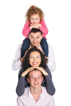 Portrait of happy Caucasian family smiling together on white background