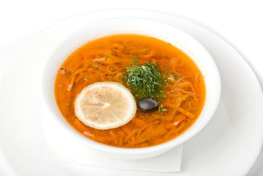 hotchpotch soup dish closeup isolated on white background