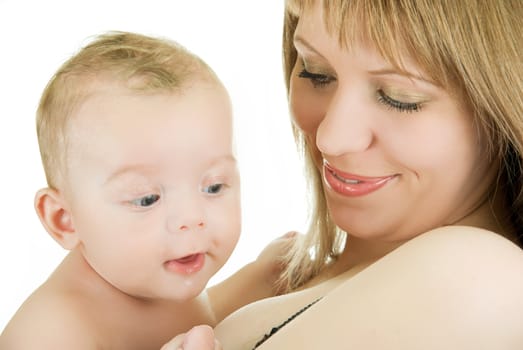 happy mother with her baby boy isolated on a white