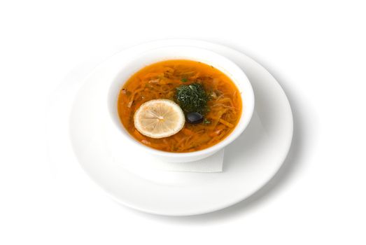 hotchpotch soup dish closeup isolated on white background