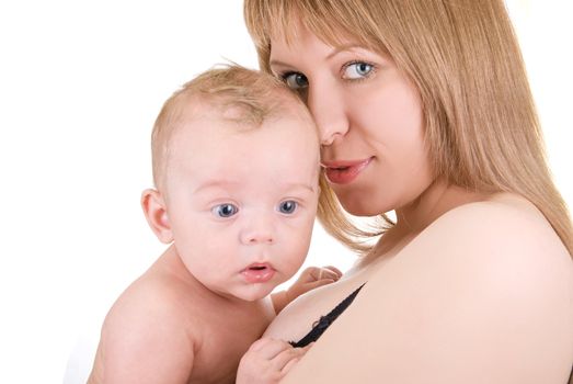 Happy maternity: mother with her  baby boy isolated on a white