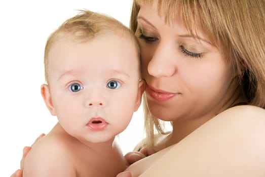 Happy maternity: mother with her  baby boy isolated on a white