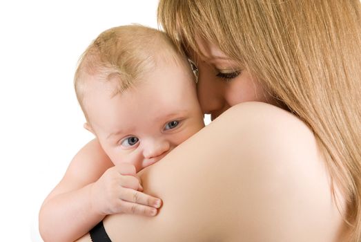 maternity: mother with her baby boy isolated on a white