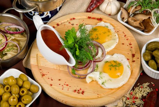 Many food dishes on the table. close up.