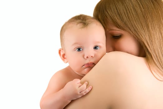 mother with her baby boy isolated on a white background