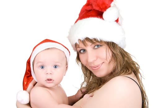 Beautiful mommy santa and her baby Santa boy on a white