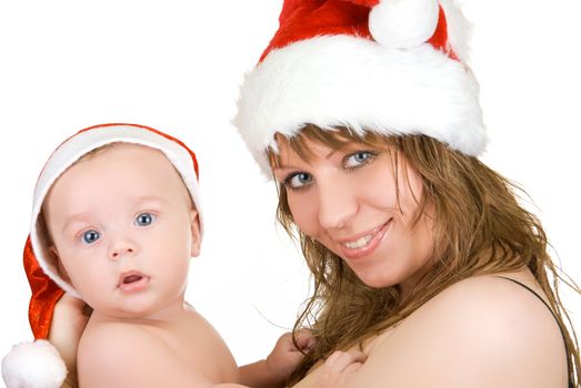 Beautiful mommy santa and her baby Santa boy on a white