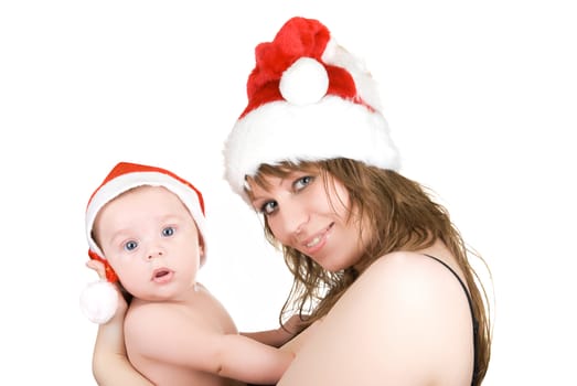 Pretty mommy santa and her baby Santa boy on a white