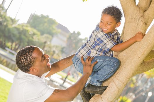 Happy Mixed Race Father Helping Son Climb a Tree in the Park.