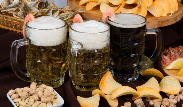 Beer and snacks set: chips, pistachio, shrimp and fish