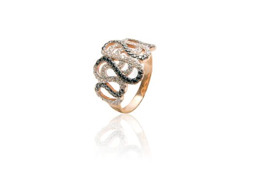 Beauty gold ring with diamond gems on white background