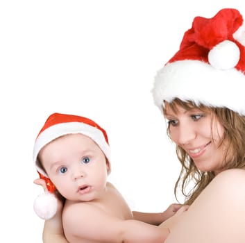 Beautiful mommy santa and her baby Santa boy on a white