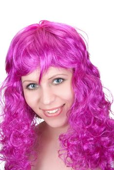 Photo of a pink girl closeup portrait on a white background