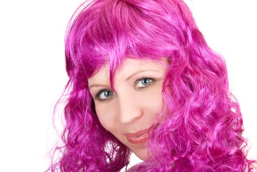 Photo of a pink girl closeup portrait on a white background