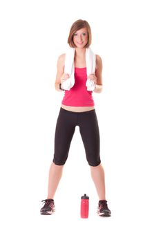 young beautiful sport woman standing with a towel isolated on white background